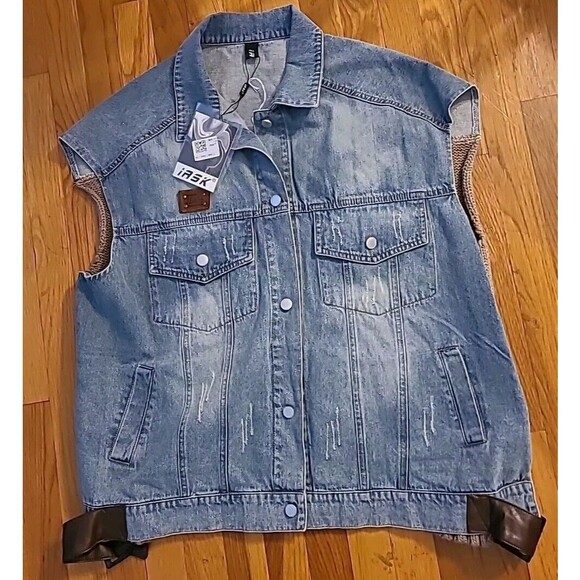 iASK Fashion Denim Vest Oversized Sleeveless Distressed Knit Back Deer Korean - Picture 1 of 14